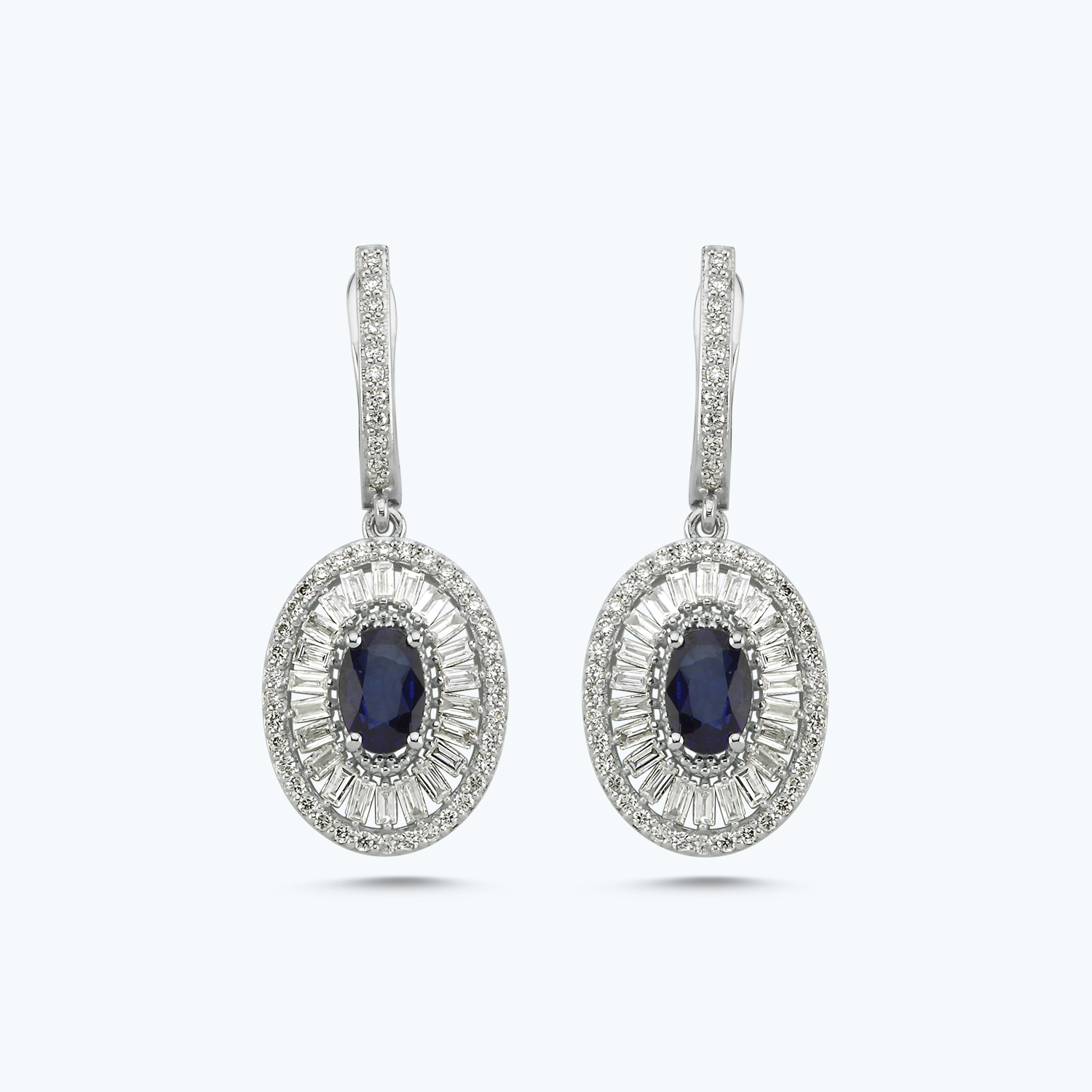 Pırlanta Safir Baget Taşlı Oval Küpe
