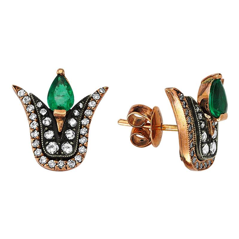 Boucles d'Oreilles Diamant Émeraude Tulipe