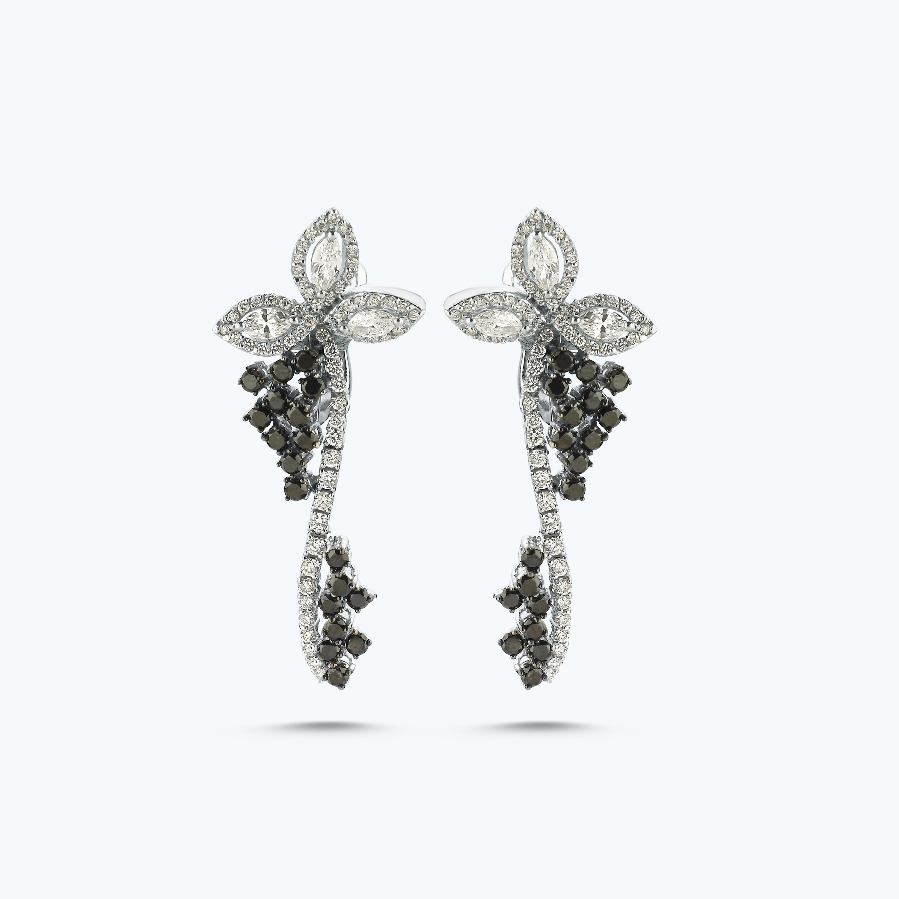 Siyah Pırlanta Markiz Çiçek Küpe