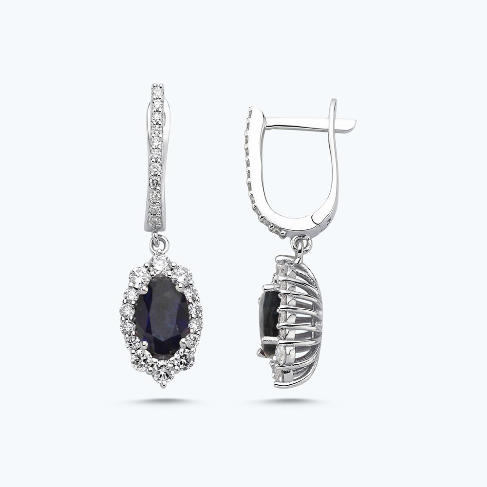 Pırlanta Safir Oval Küpe
