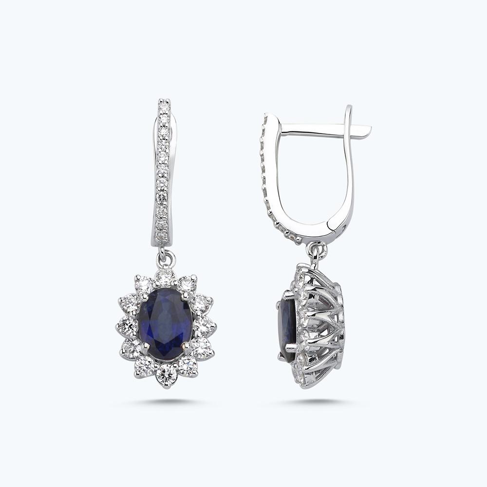 Pırlanta Safir Oval Küpe