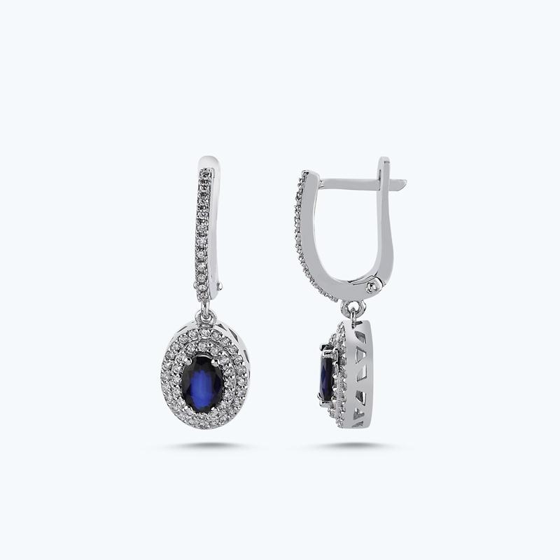 Pırlanta Safir Oval Küpe